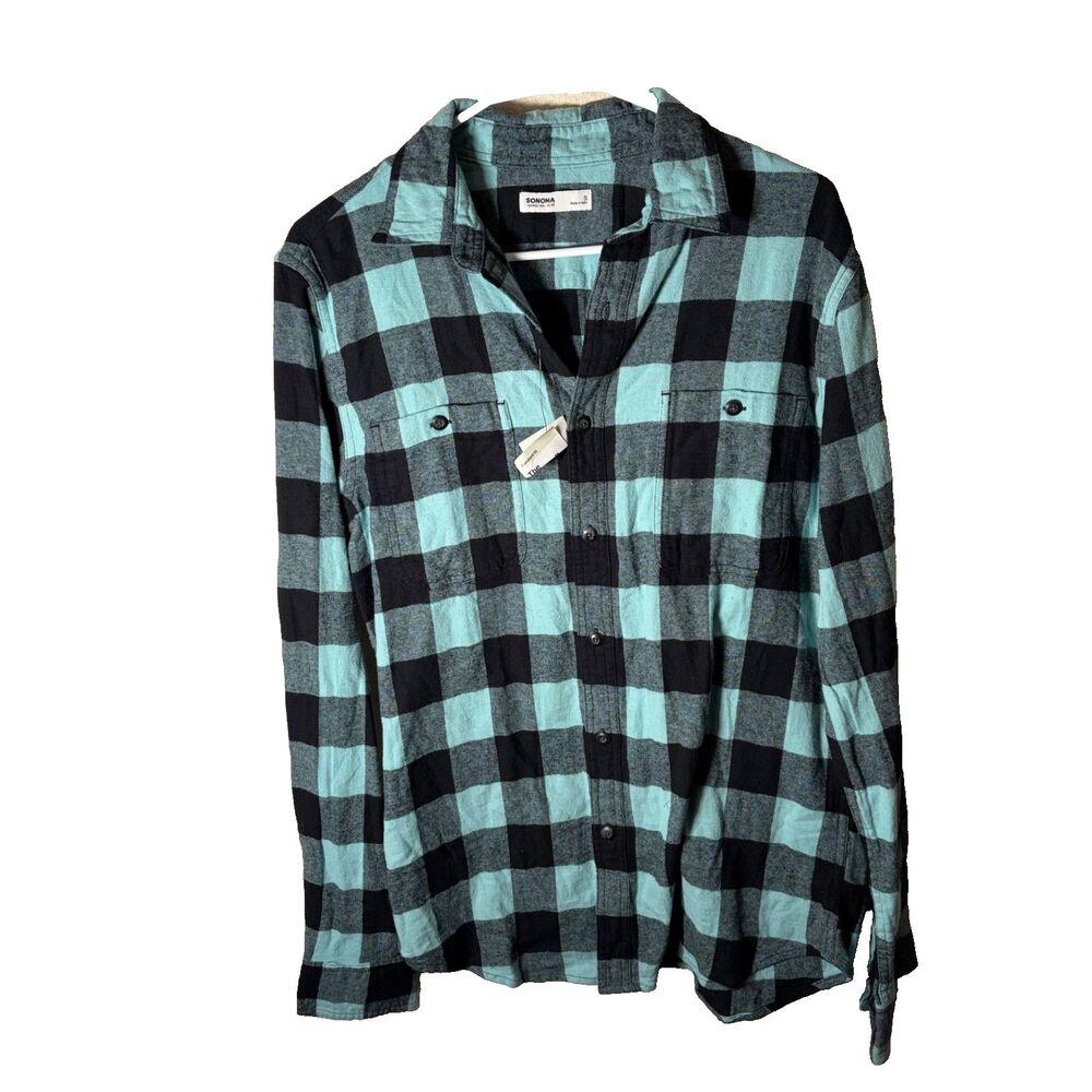 Sonoma Shirt Men's Small Plaid Blue Black Button Up Flannel Casual Collared NWT